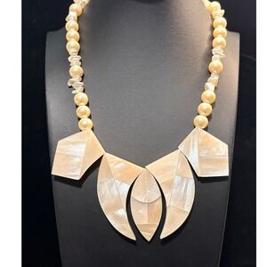 Karla Jordan Mother of Pearl Inlaid Bib Necklace Faux Pearl Statement Cream 17in